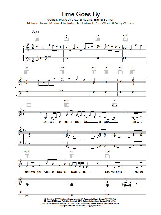 The Spice Girls Time Goes By sheet music notes and chords arranged for Piano, Vocal & Guitar Chords