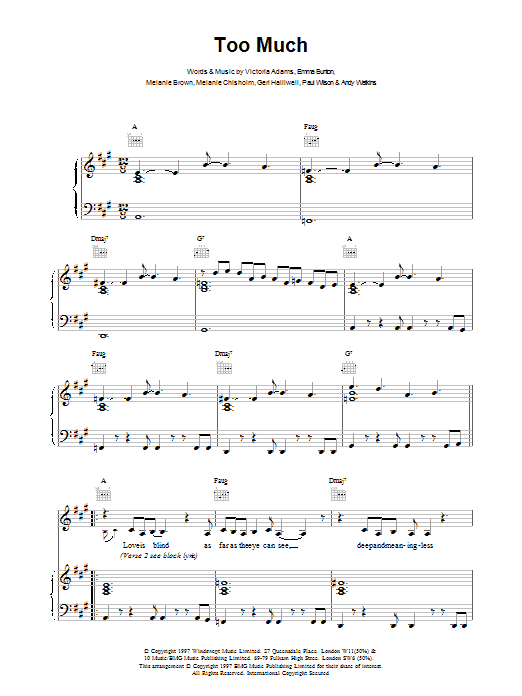 The Spice Girls Too Much sheet music notes and chords arranged for Piano, Vocal & Guitar Chords