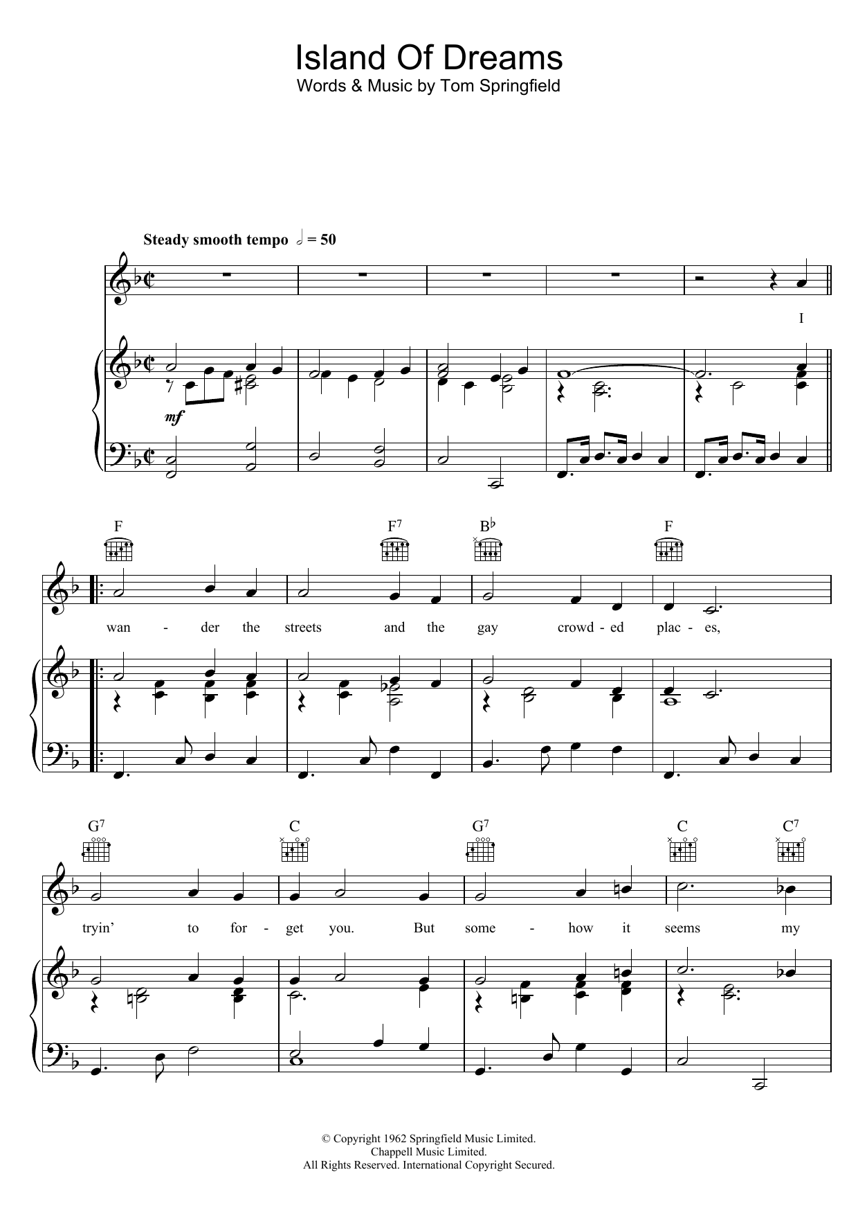 The Springfields Island Of Dreams sheet music notes and chords arranged for Piano, Vocal & Guitar Chords