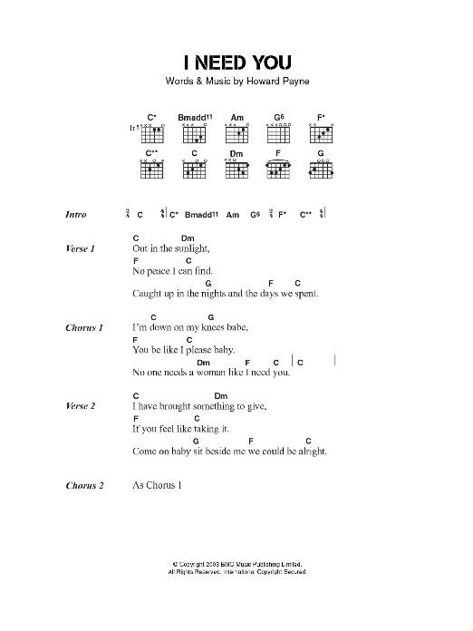 The Stands I Need You sheet music notes and chords arranged for Guitar Chords/Lyrics