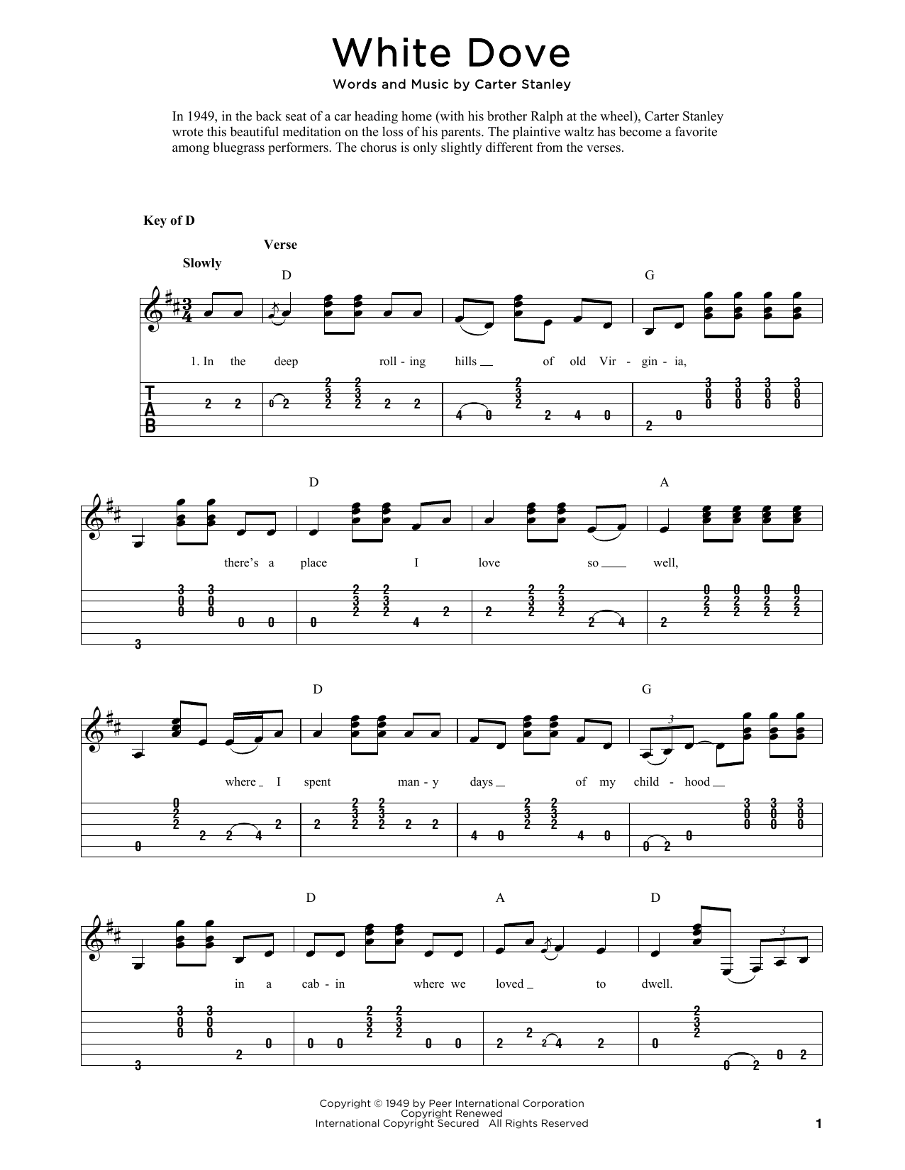 The Stanley Brothers White Dove (arr. Fred Sokolow) sheet music notes and chords arranged for Solo Guitar