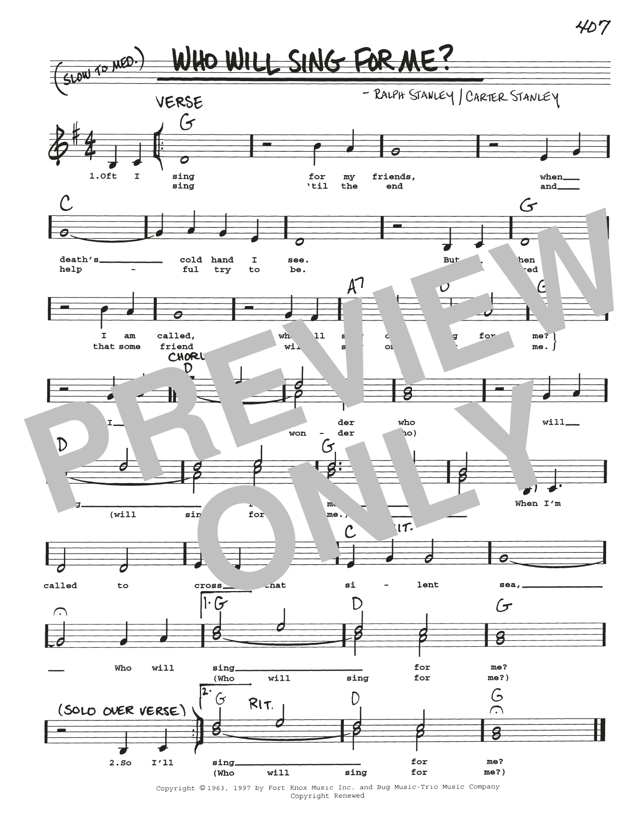 The Stanley Brothers Who Will Sing For Me? sheet music notes and chords arranged for Real Book – Melody, Lyrics & Chords
