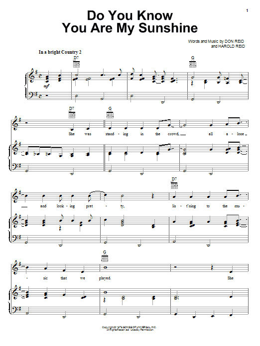 The Statler Brothers Do You Know You Are My Sunshine sheet music notes and chords arranged for Piano, Vocal & Guitar Chords (Right-Hand Melody)