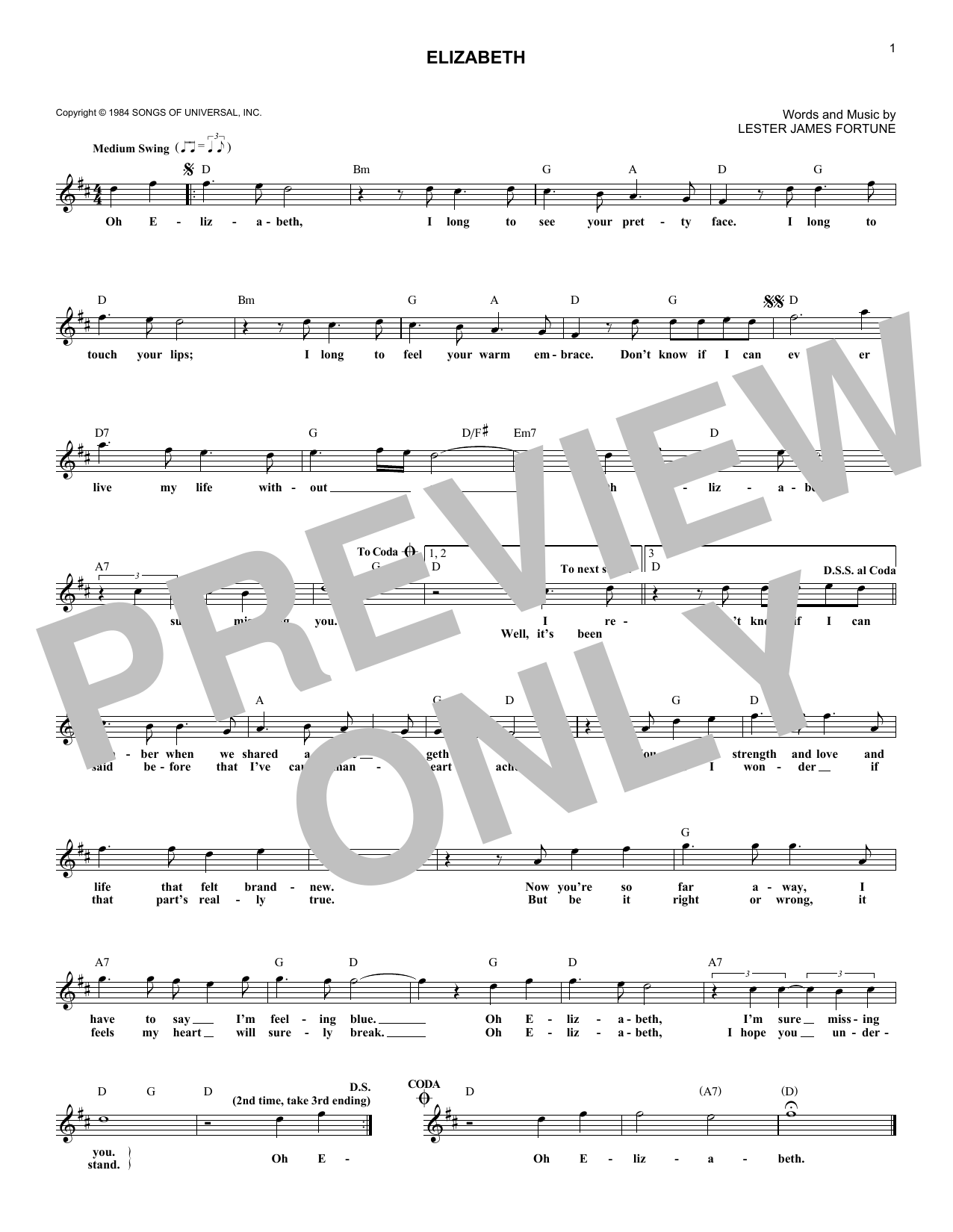 The Statler Brothers Elizabeth sheet music notes and chords arranged for Lead Sheet / Fake Book