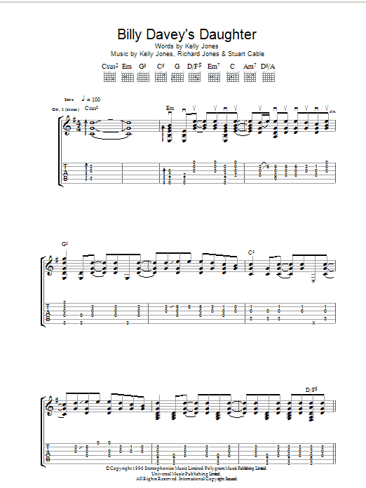 The Stereophonics Billy Davey's Daughter sheet music notes and chords arranged for Guitar Tab