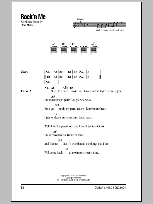 Steve Miller Band Rock'n Me sheet music notes and chords arranged for Guitar Chords/Lyrics