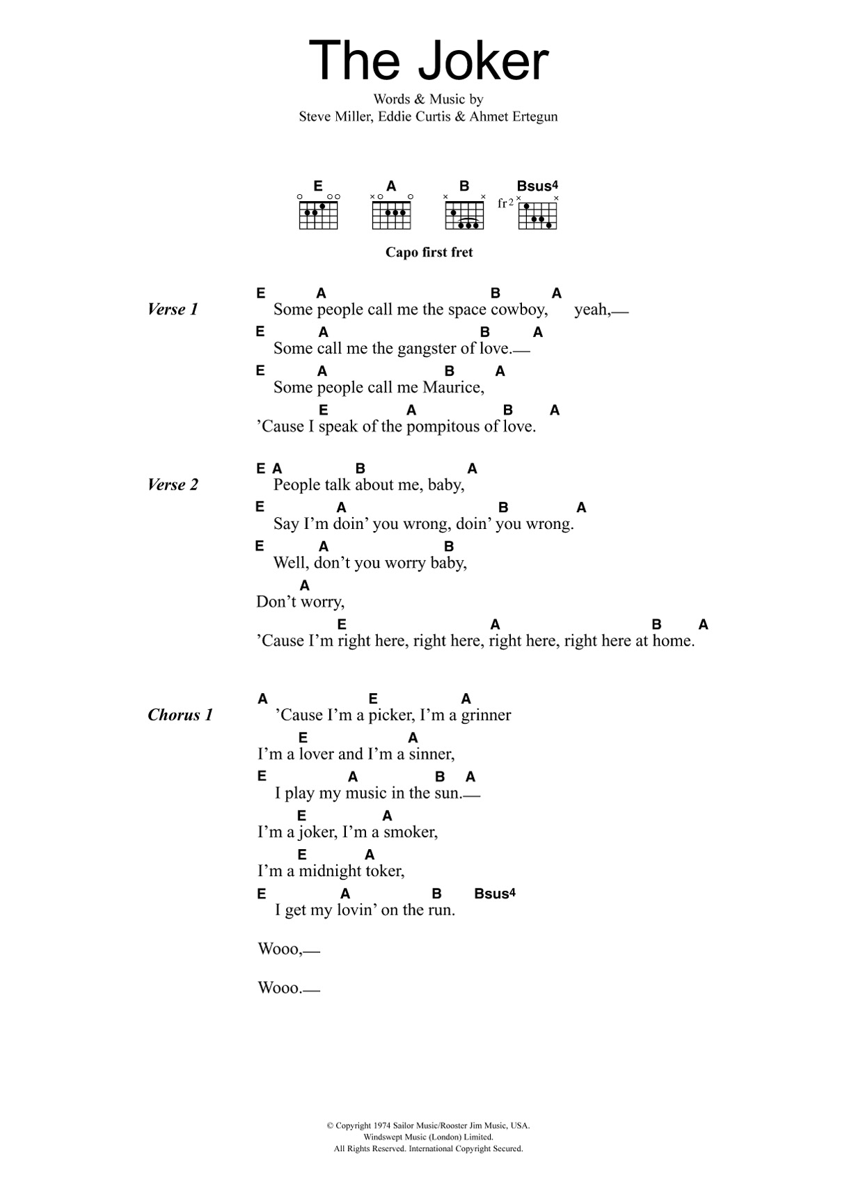 The Steve Miller Band The Joker sheet music notes and chords arranged for Guitar Chords/Lyrics