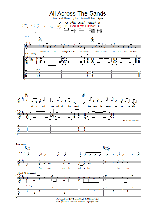 The Stone Roses All Across The Sands sheet music notes and chords arranged for Guitar Tab