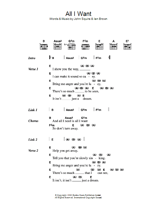 The Stone Roses All I Want sheet music notes and chords arranged for Guitar Chords/Lyrics