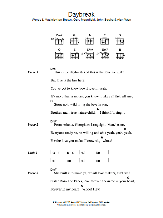 The Stone Roses Daybreak sheet music notes and chords arranged for Guitar Chords/Lyrics