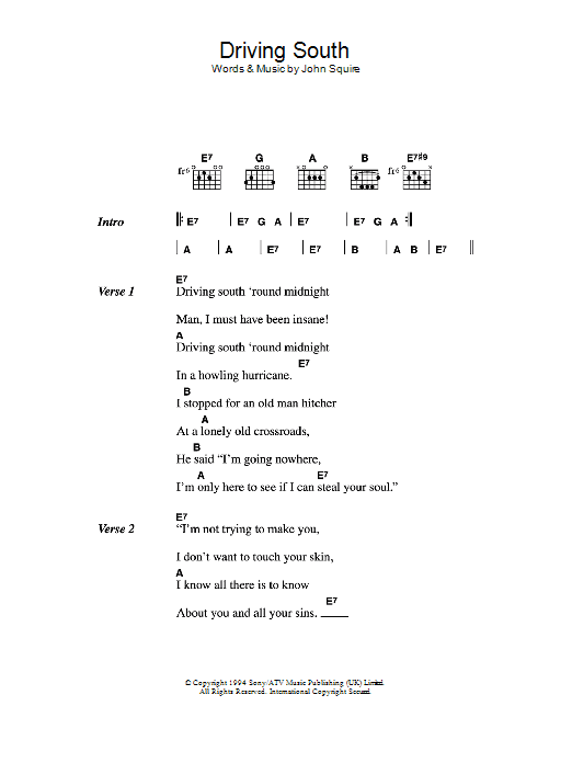 The Stone Roses Driving South sheet music notes and chords arranged for Guitar Chords/Lyrics