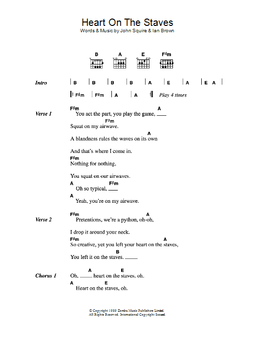 The Stone Roses Heart On The Staves sheet music notes and chords arranged for Guitar Chords/Lyrics