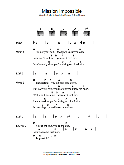 The Stone Roses Mission Impossible sheet music notes and chords arranged for Guitar Chords/Lyrics