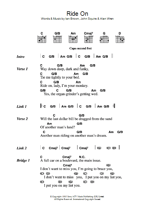 The Stone Roses Ride On sheet music notes and chords arranged for Guitar Chords/Lyrics