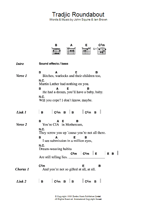 The Stone Roses Tradjic Roundabout sheet music notes and chords arranged for Guitar Chords/Lyrics