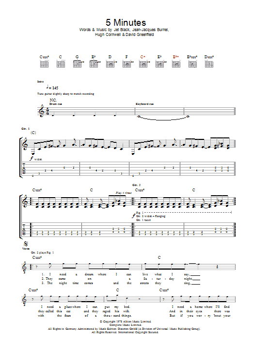The Stranglers 5 Minutes sheet music notes and chords arranged for Guitar Tab