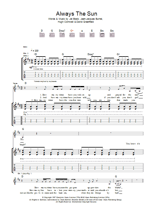 The Stranglers Always The Sun sheet music notes and chords arranged for Guitar Tab