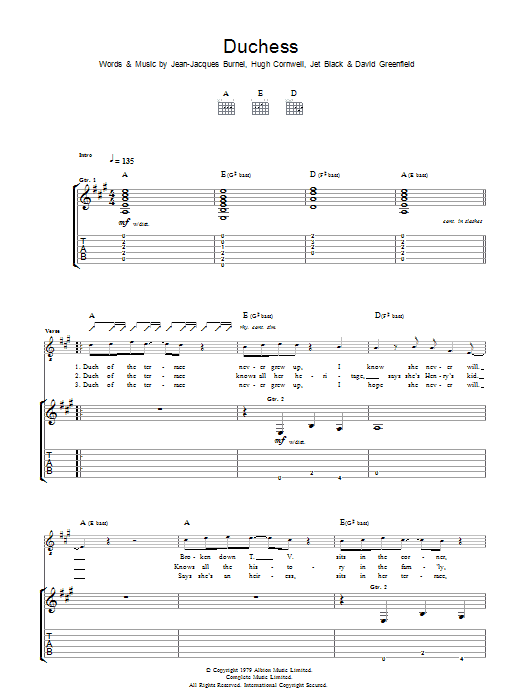 The Stranglers Duchess sheet music notes and chords arranged for Guitar Tab