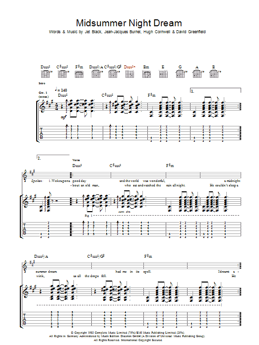 The Stranglers Midnight Summer Dream sheet music notes and chords arranged for Guitar Tab