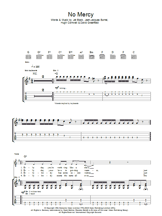 The Stranglers No Mercy sheet music notes and chords arranged for Guitar Tab