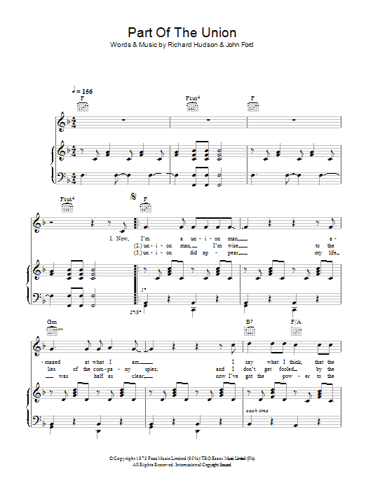 The Strawbs Part Of The Union sheet music notes and chords arranged for Piano, Vocal & Guitar Chords