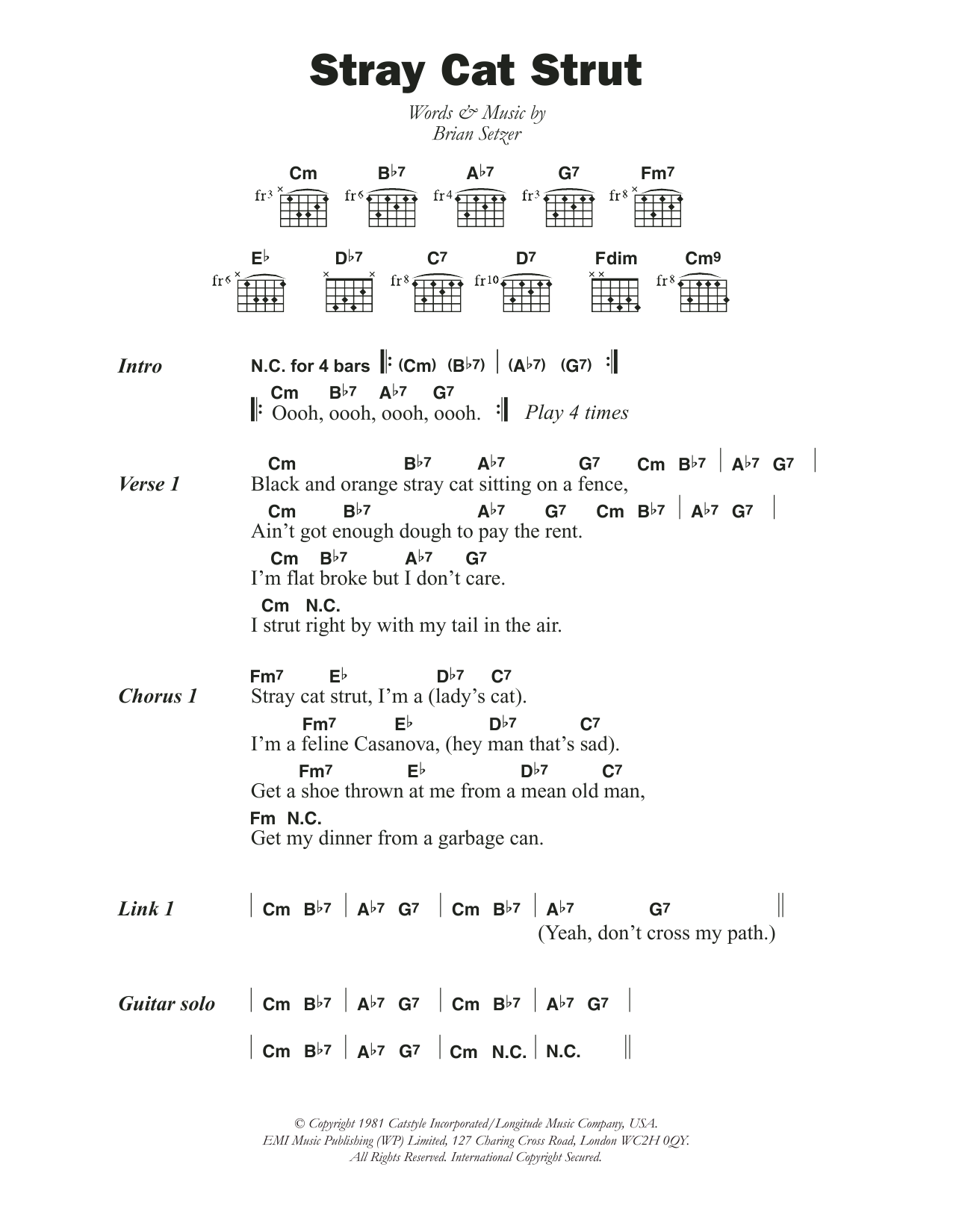 The Stray Cats Stray Cat Strut sheet music notes and chords arranged for Guitar Chords/Lyrics