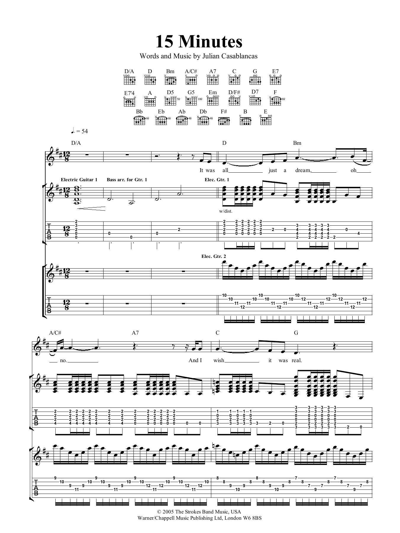 The Strokes 15 Minutes sheet music notes and chords arranged for Guitar Tab