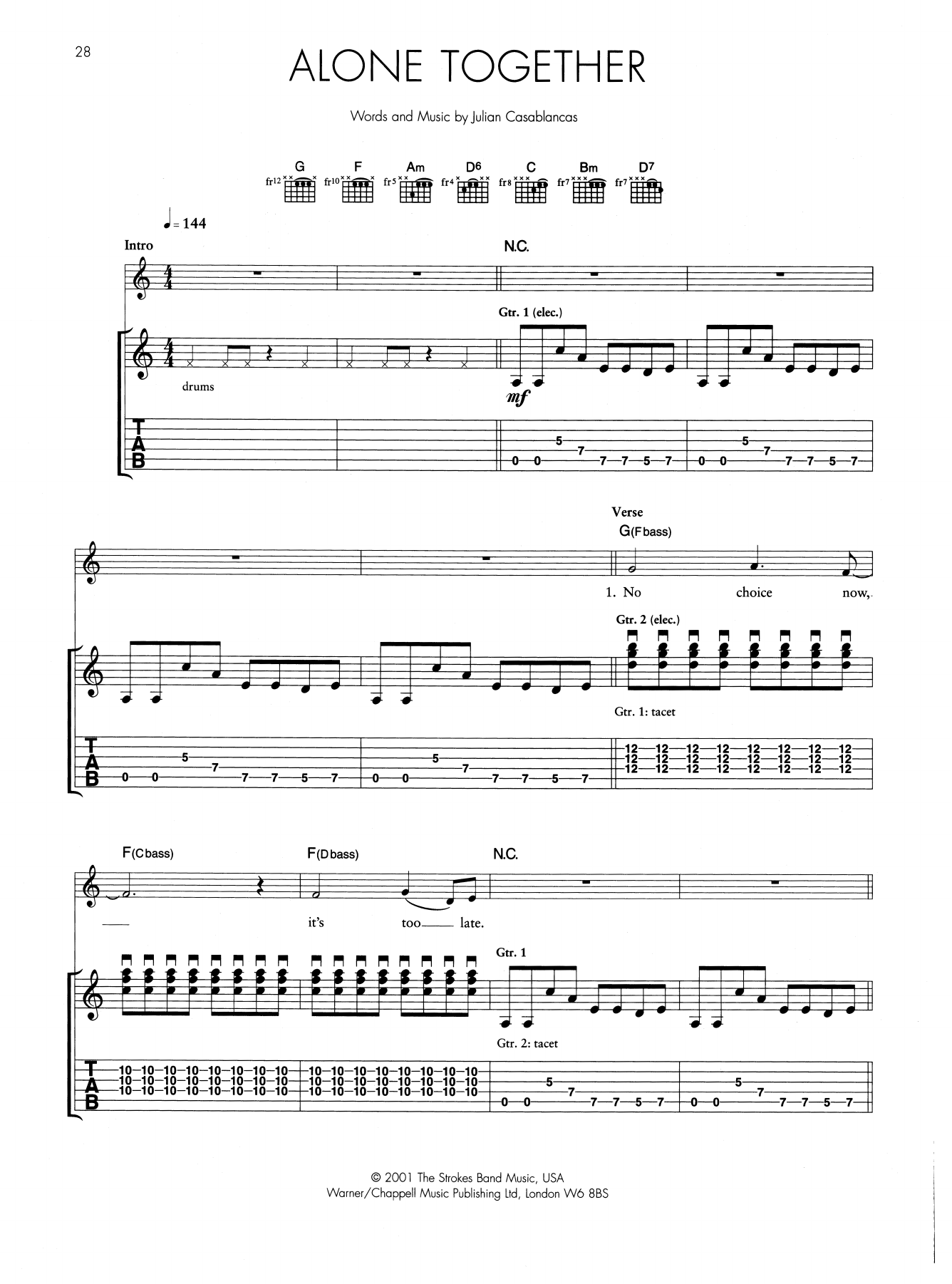 The Strokes Alone Together sheet music notes and chords arranged for Guitar Tab