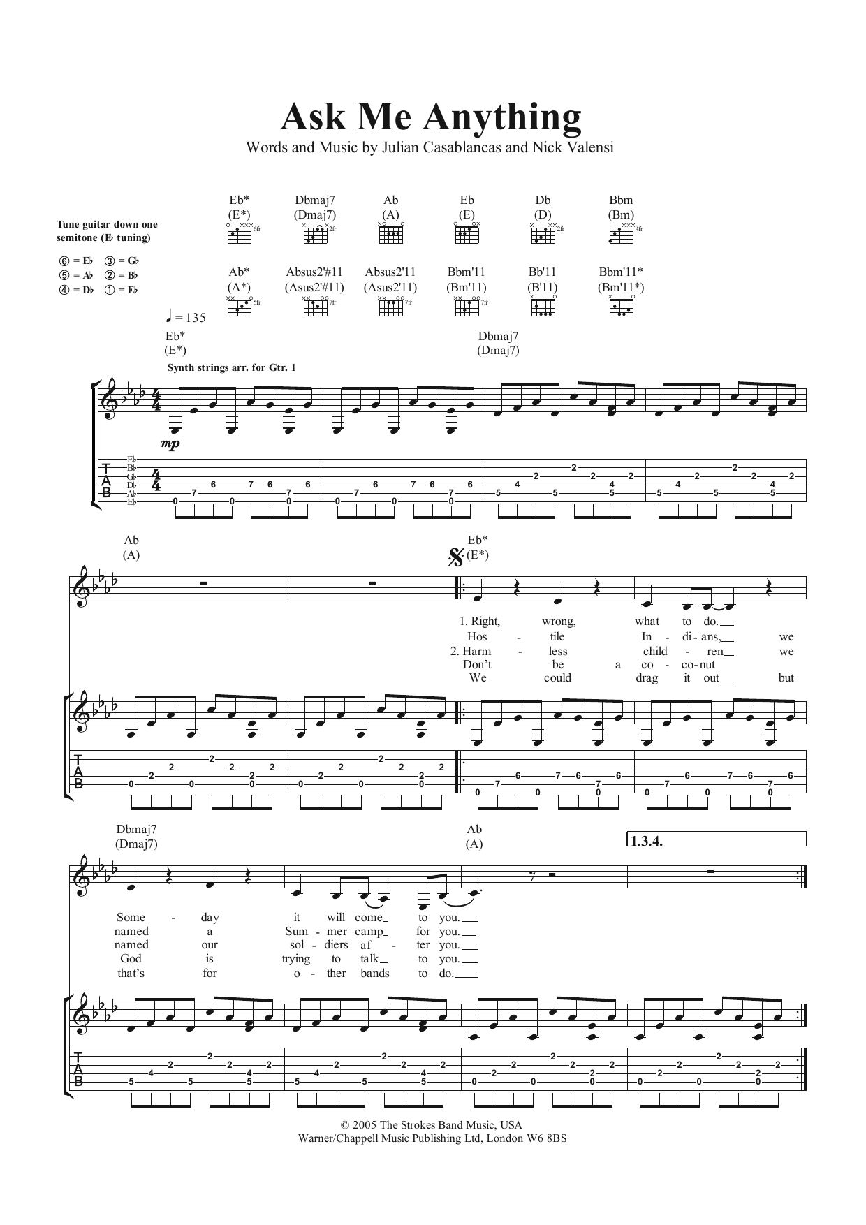 The Strokes Ask Me Anything sheet music notes and chords arranged for Guitar Tab