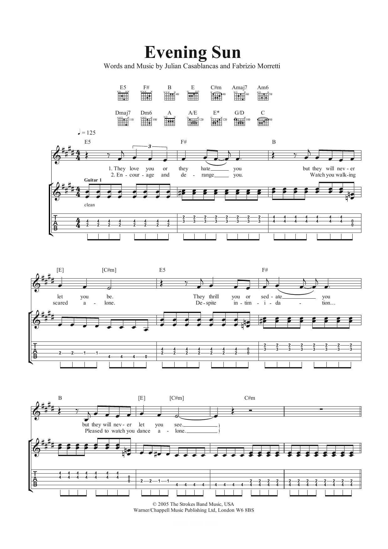 The Strokes Evening Sun sheet music notes and chords arranged for Guitar Tab
