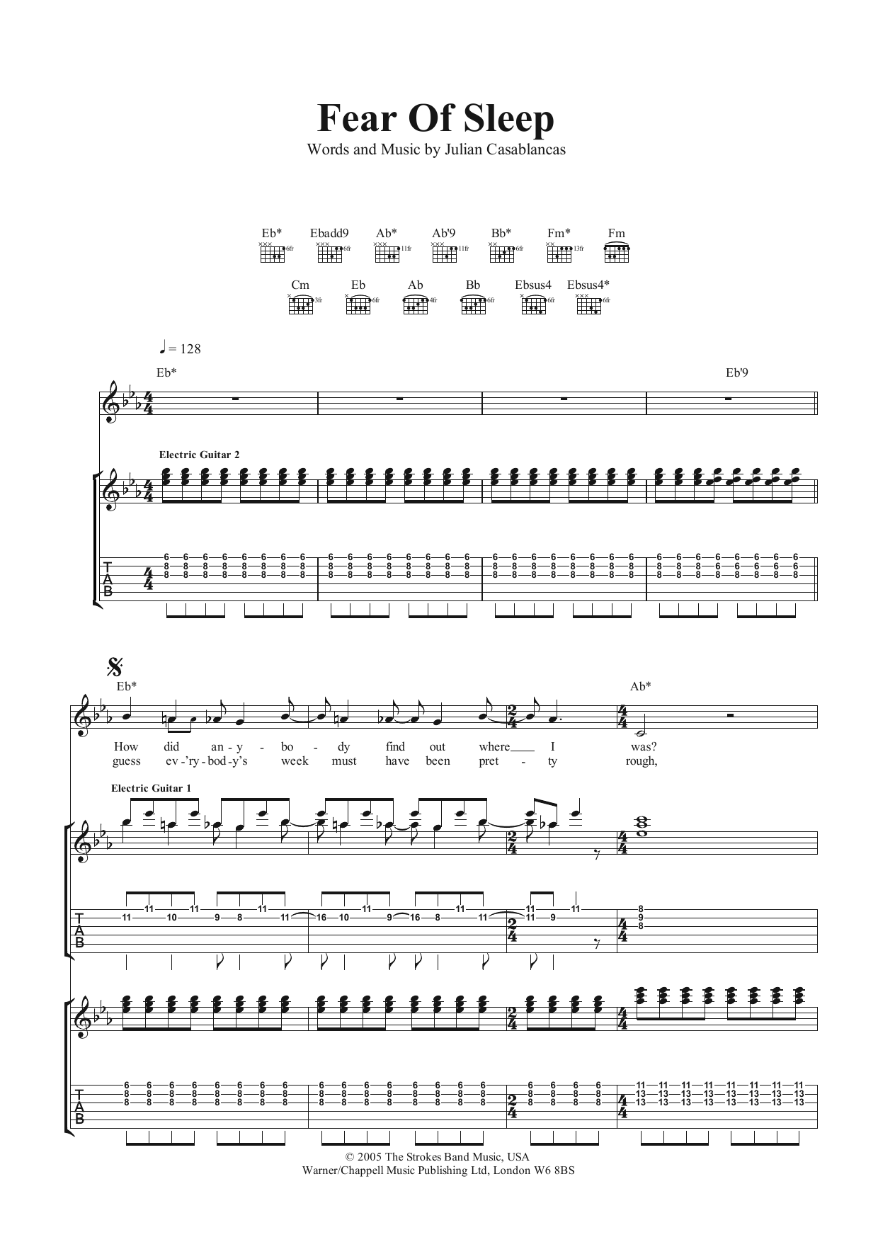 The Strokes Fear Of Sleep sheet music notes and chords arranged for Guitar Tab