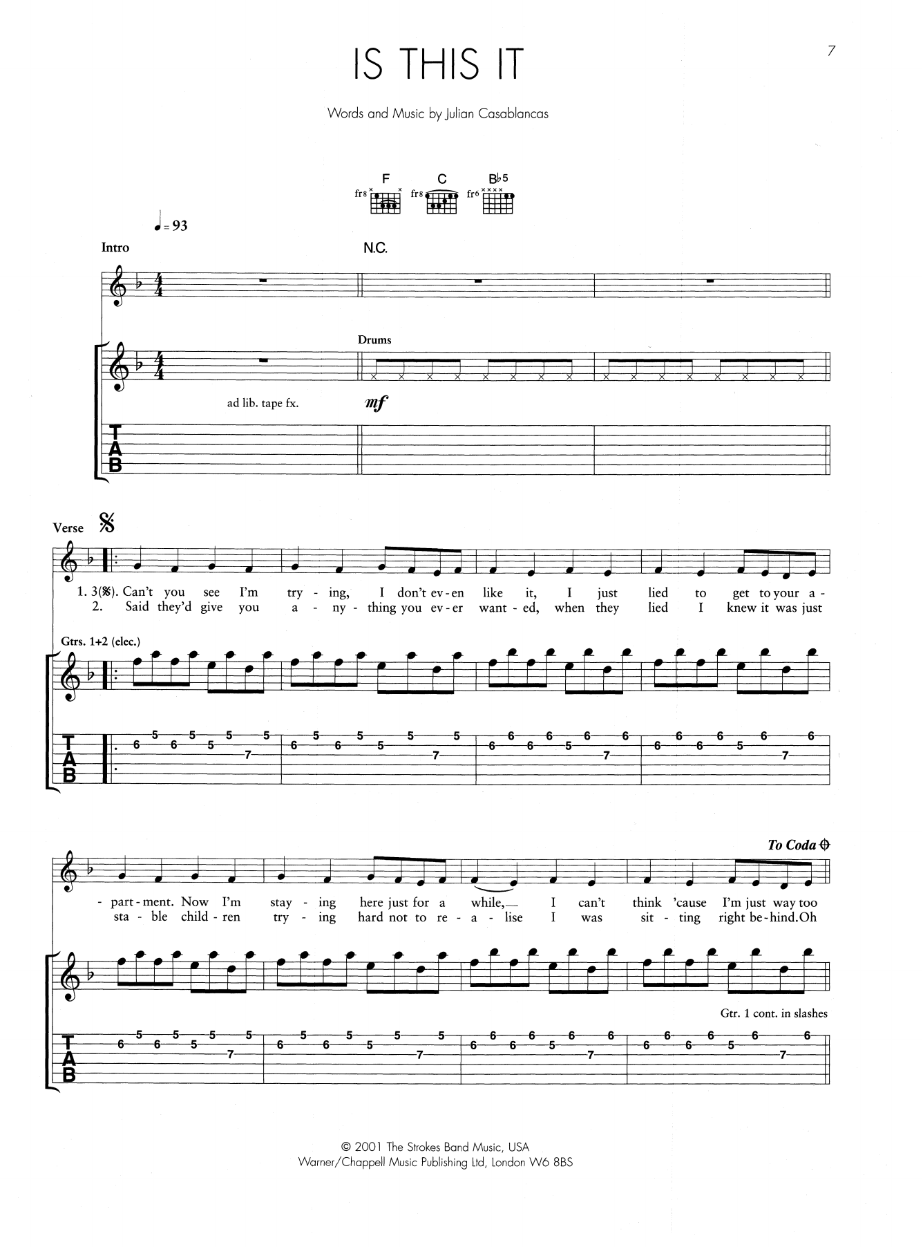 The Strokes Is This It sheet music notes and chords arranged for Guitar Tab