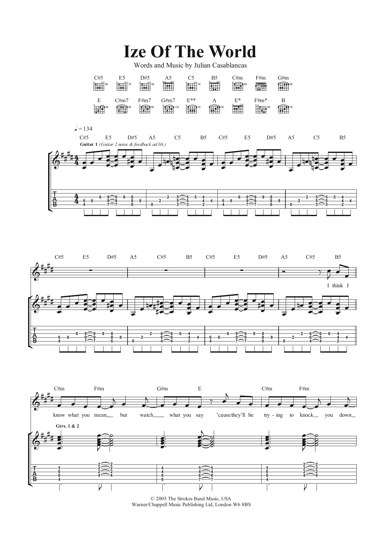 The Strokes Ize Of The World sheet music notes and chords arranged for Guitar Tab