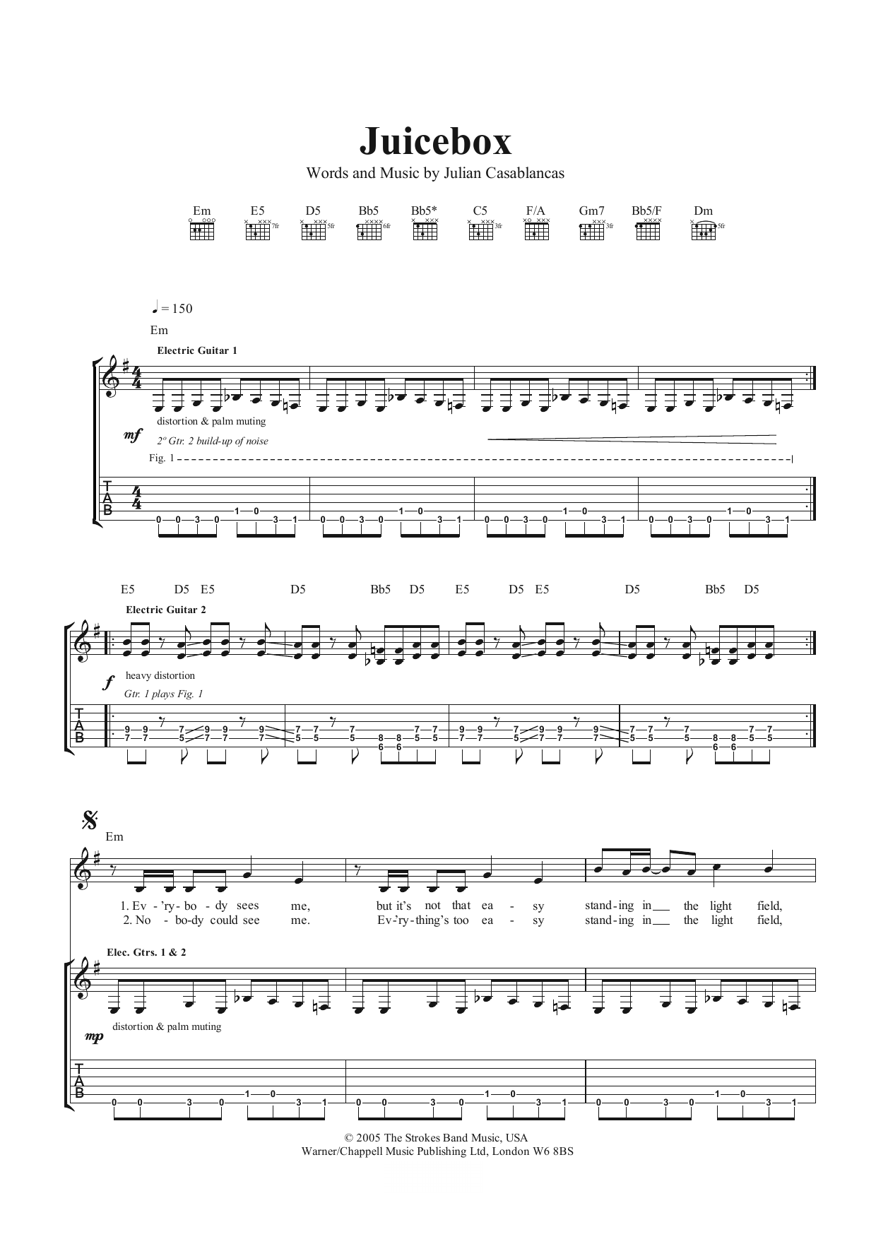 The Strokes Juicebox sheet music notes and chords arranged for Guitar Tab