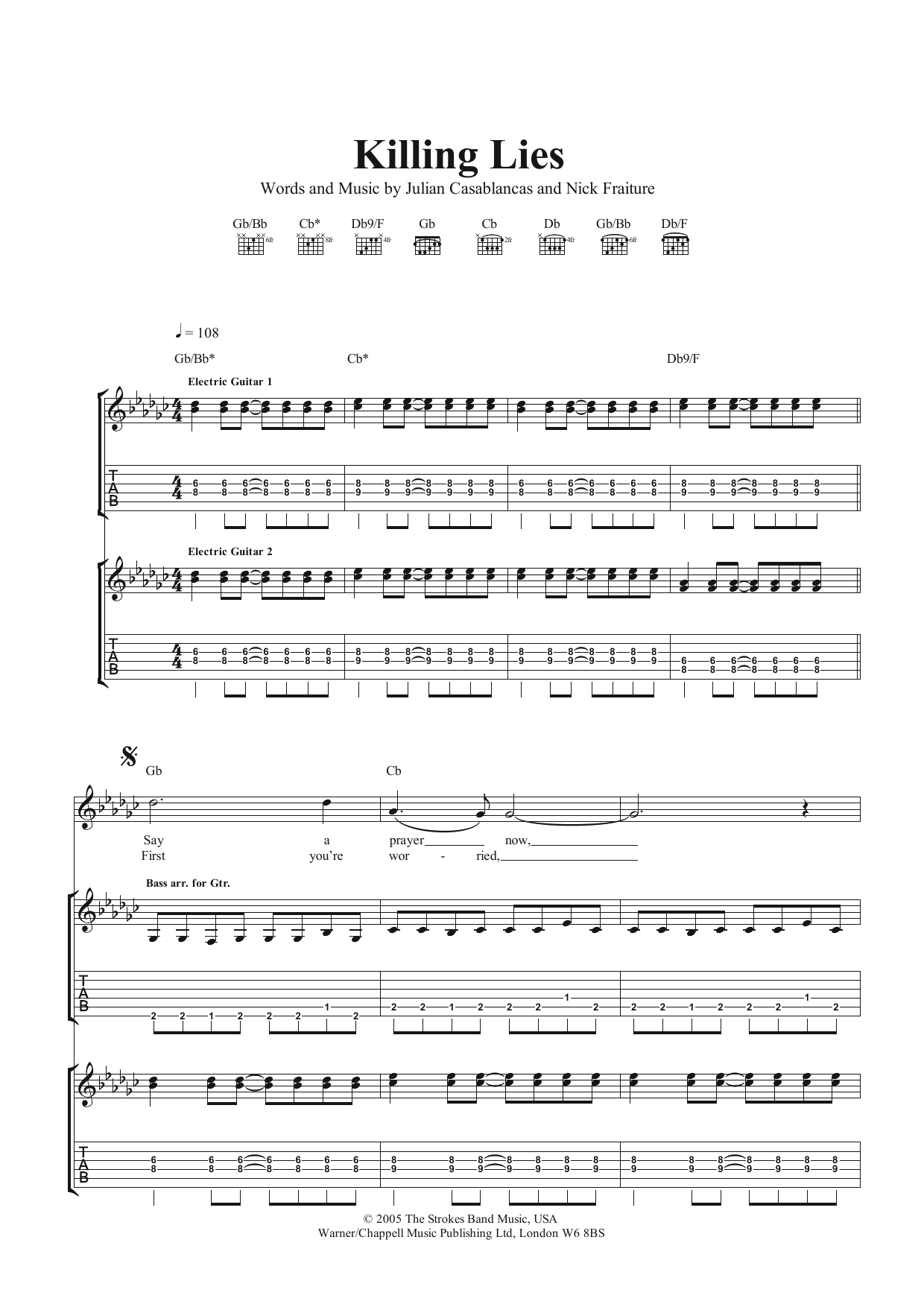 The Strokes Killing Lies sheet music notes and chords arranged for Guitar Tab