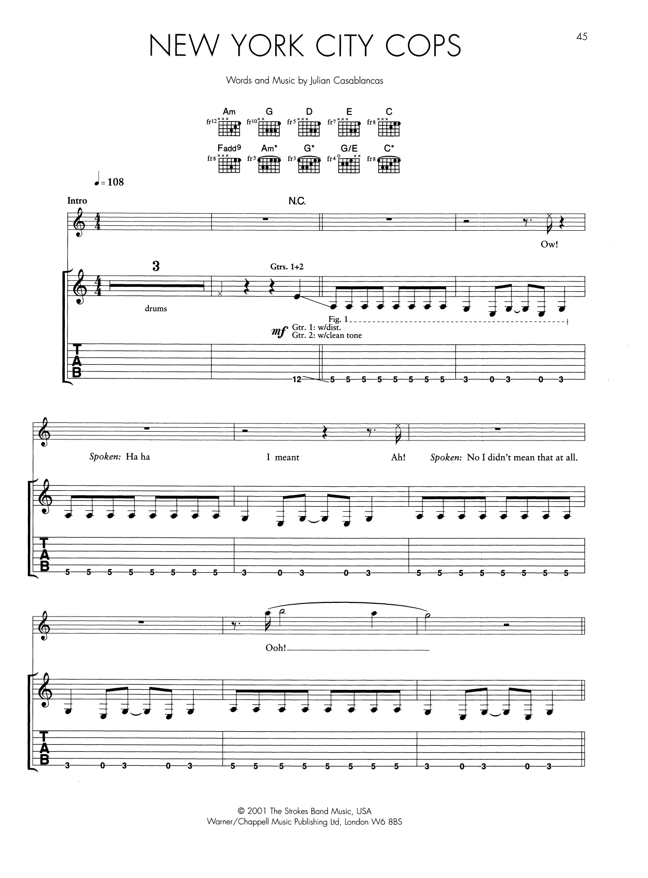 The Strokes New York City Cops sheet music notes and chords arranged for Guitar Tab