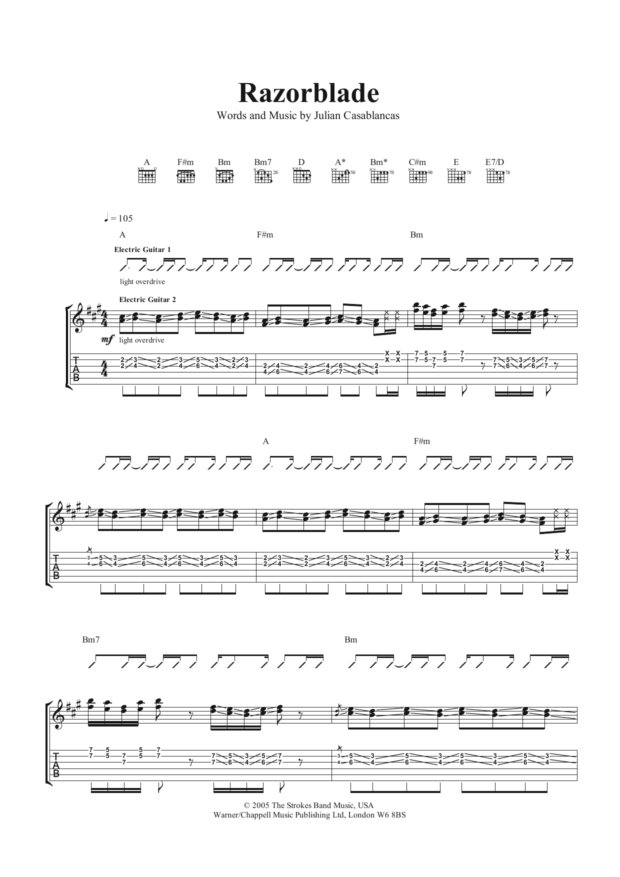 The Strokes Razorblade sheet music notes and chords arranged for Guitar Tab