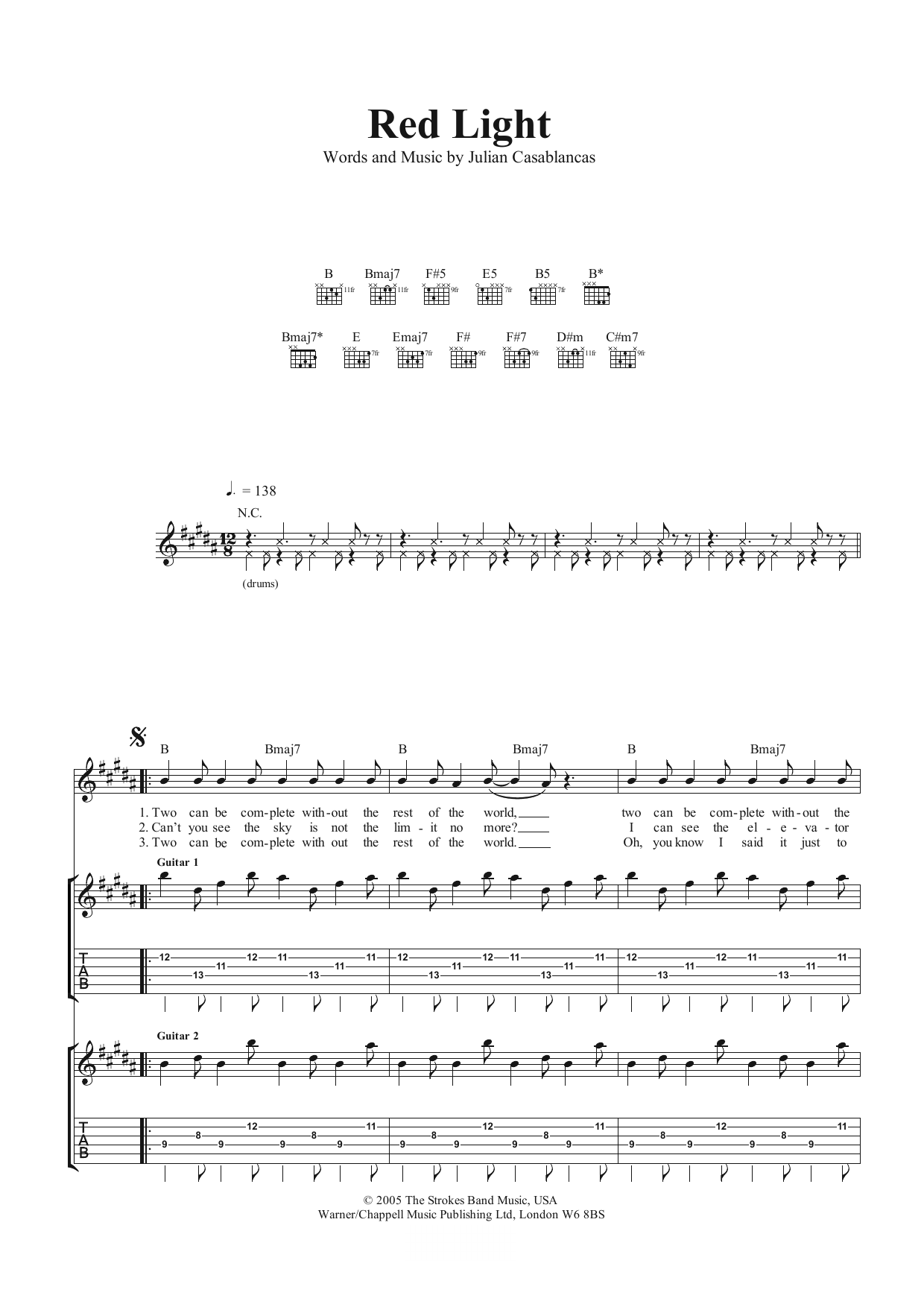 The Strokes Red Light sheet music notes and chords arranged for Guitar Tab