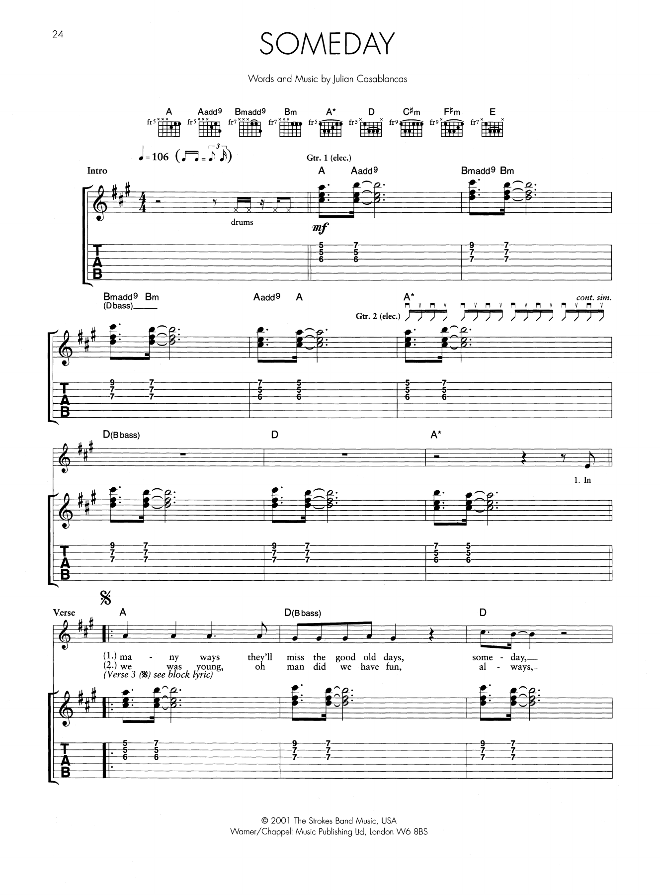 The Strokes Someday sheet music notes and chords arranged for Guitar Tab