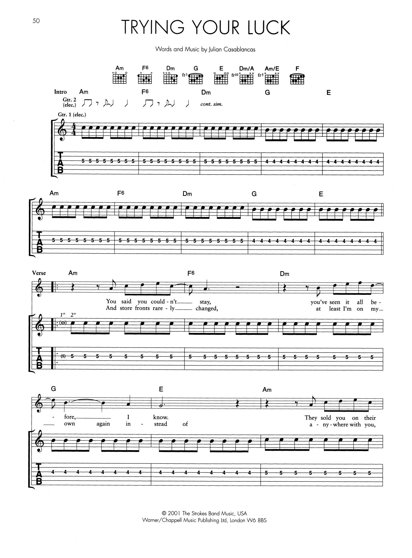 The Strokes Trying Your Luck sheet music notes and chords arranged for Guitar Tab