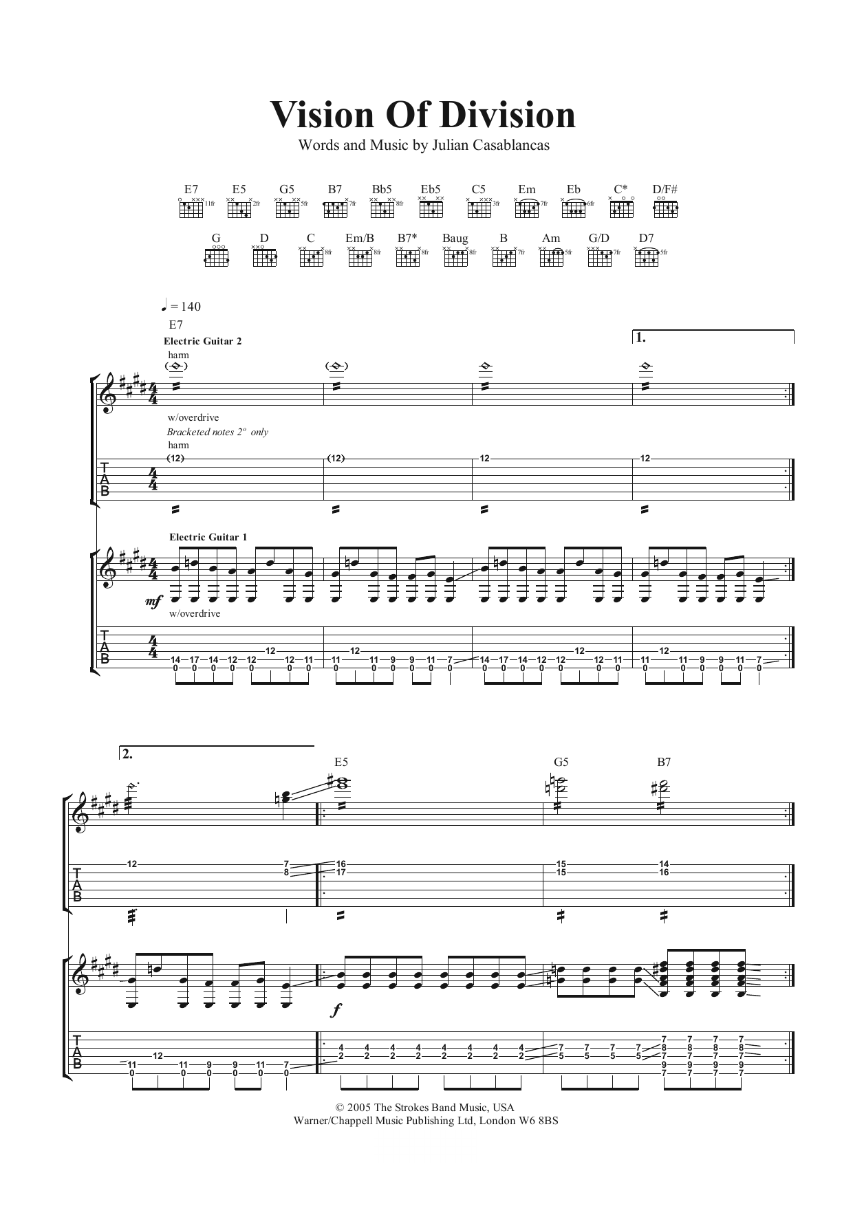 The Strokes Vision Of Division sheet music notes and chords arranged for Guitar Tab