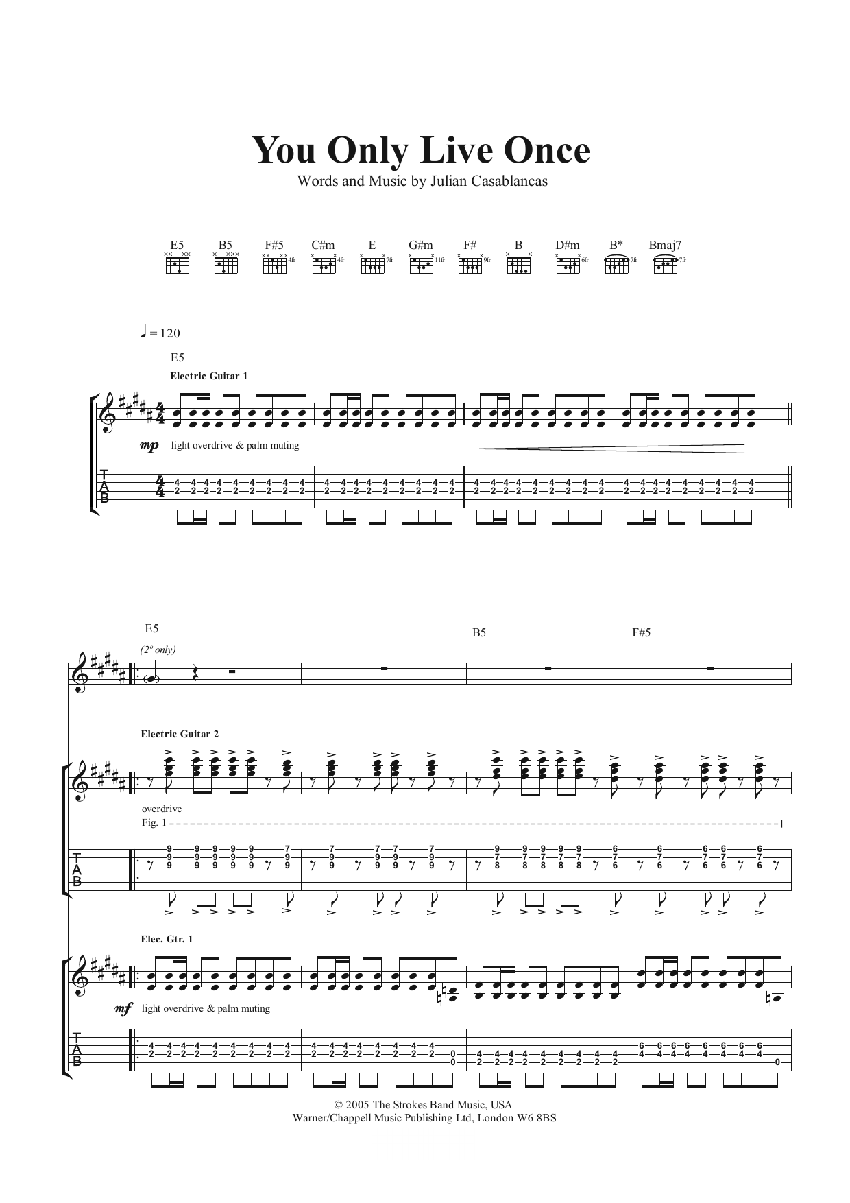 The Strokes You Only Live Once sheet music notes and chords arranged for Guitar Tab