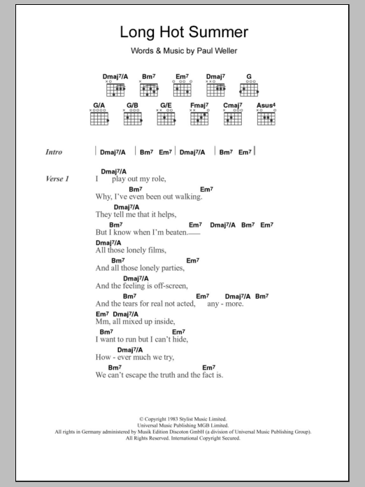 The Style Council Long Hot Summer sheet music notes and chords arranged for Guitar Chords/Lyrics