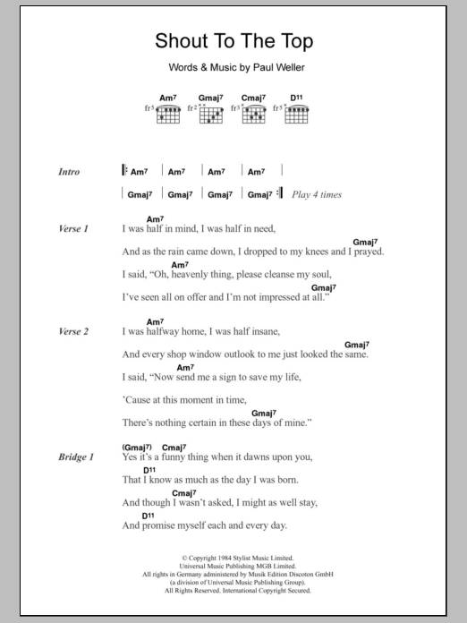 The Style Council Shout To The Top sheet music notes and chords arranged for Guitar Chords/Lyrics