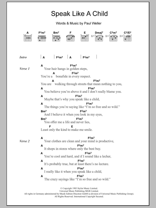 The Style Council Speak Like A Child sheet music notes and chords arranged for Guitar Chords/Lyrics
