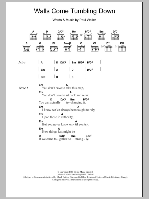 The Style Council Walls Come Tumbling Down sheet music notes and chords arranged for Guitar Chords/Lyrics