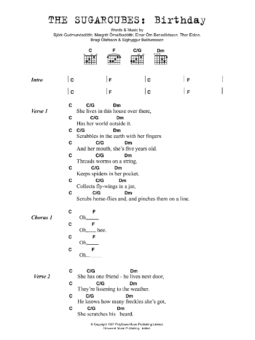 The Sugarcubes Birthday sheet music notes and chords arranged for Guitar Chords/Lyrics