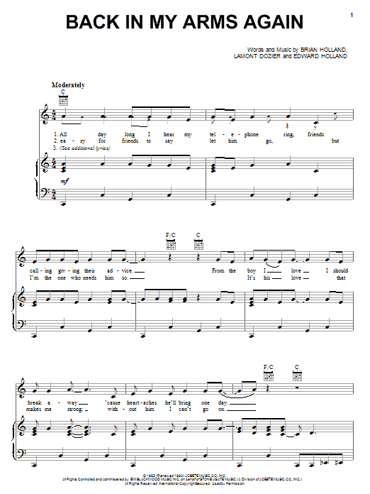 The Supremes Back In My Arms Again sheet music notes and chords arranged for Guitar Chords/Lyrics