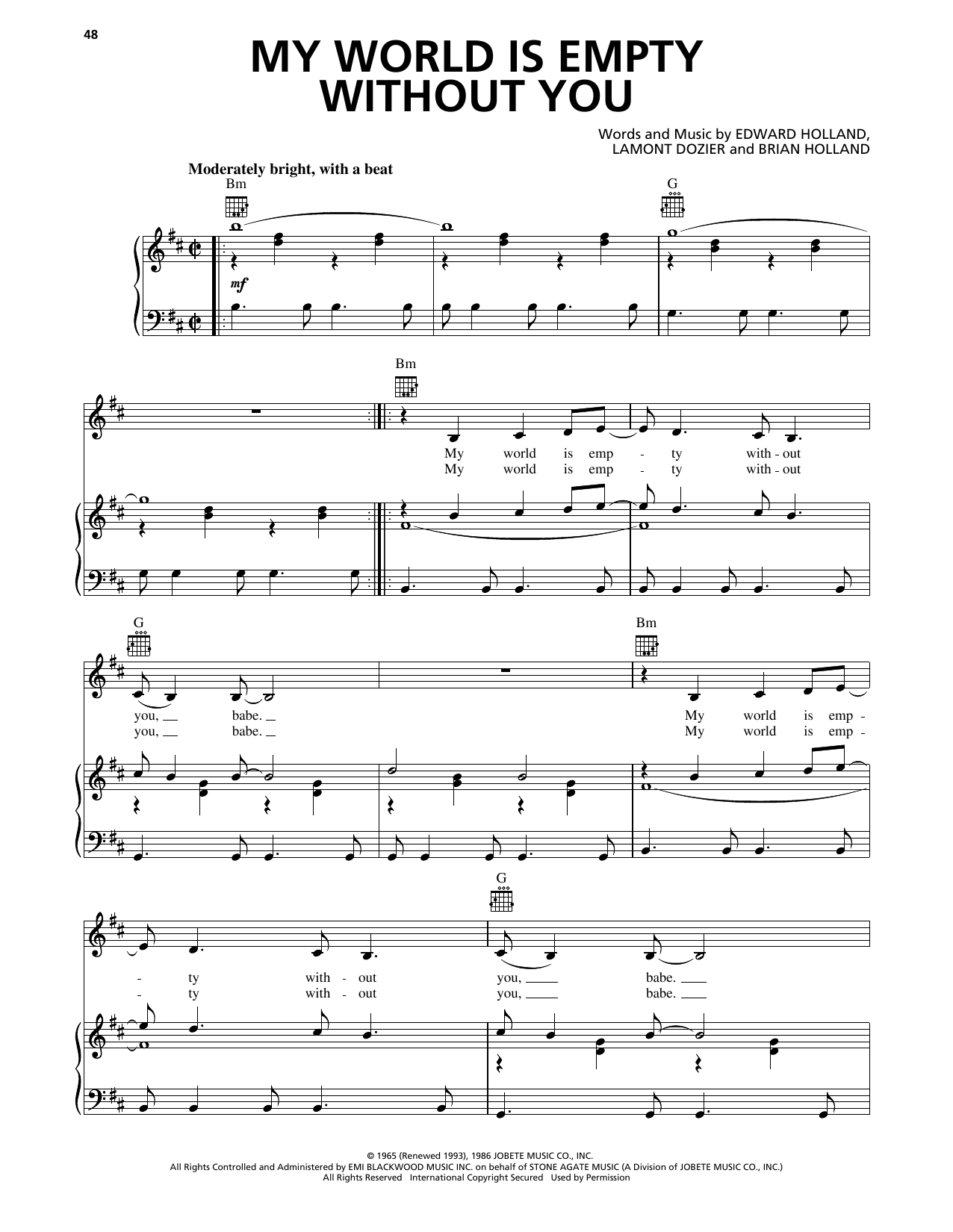 The Supremes My World Is Empty Without You sheet music notes and chords arranged for Piano, Vocal & Guitar Chords (Right-Hand Melody)