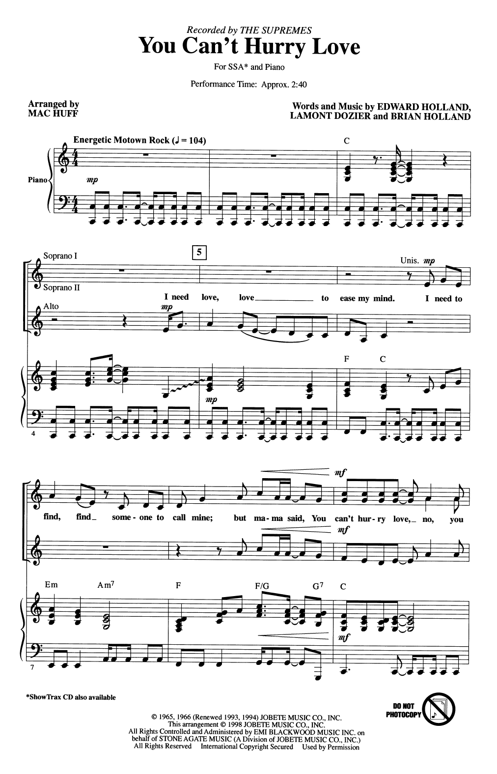 The Supremes You Can't Hurry Love (arr. Mac Huff) sheet music notes and chords arranged for SSA Choir